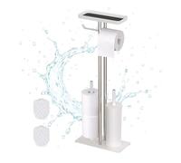 Relaxdays Piantana Portarotolo e Portascopino da Bagno, Porta Rotoli Carta Igienica Scorta, 77x30x15 cm, Metallo, Bianco, Plastica, Ferro, Acciaio Inox