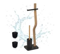Relaxdays Piantana Portarotolo e Portascopino da Bagno, Rotolo Carta Igienica, HLP: 78,5x23x18 cm, Legno e Ferro, Nero