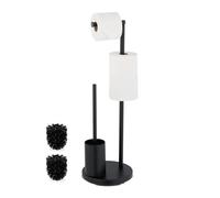 Relaxdays Piantana Portarotolo e Scopino, Portascopino da Bagno, Porta Rotoli di Scorta Carta Igienica, 68x22 cm, Nero, Ferro, Acciaio Inox, Gommapiuma