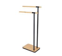 Relaxdays Piantana Portasciugamani Autoportante, 2 Bracci in bambù e Supporto in Acciaio, Porta Asciugamani Bagno, Nero, 81 x 39,5 x 20 cm