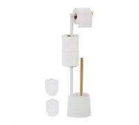 Relaxdays Piantana Portarotolo e Scopino, Portascopino Bagno, Porta Rotolo Scorta Carta Igienica, 66,5x16x11cm, Bianco, bambù