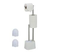 Relaxdays Piantana Portarotolo e Portascopino da Bagno, Porta Rotoli Carta Igienica, 65,5x13x16 cm, Acciaio Inox, Bianco