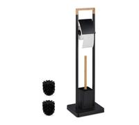 Relaxdays Piantana Portarotolo e Scopino, Portascopino da Bagno, Carta Igienica, Supporto Acciaio e bambù, Naturale Nero, Inox, 77x23x18 cm
