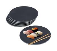 Relaxdays Piatti da Portata in Ardesia, Set da 6 Vassoi Rotondi D: 25 cm, Servire Sushi, Salumi e Formaggi, Nero