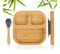 Relaxdays Piatto con Ventosa per Bambini, Piattino Pappa Svezzamento Neonati, senza BPA, in Bambù, Naturale, Grigio