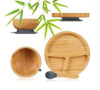 Relaxdays Piatto con Ventosa per Bambini, Set CIotola e Cucchiaio, Piattino Svezzamento Neonati, Bambù, Naturale Grigio