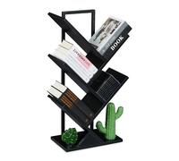 Relaxdays Piccolo Scaffale Libreria, Mobile da Terra con 4 Ripiani ad Albero per Libri, CD e Dvd, 71x40x21,5 cm, Nero, Acciaio, Fibra di Legno