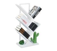 Relaxdays Piccolo Scaffale Libreria, Mobile da Terra con 4 Ripiani ad Albero per Libri, CD e Dvd, 71x40x21,5 cm, Bianco, Fibra di Legno, Acciaio