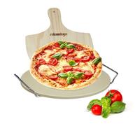 Relaxdays Pietra Refrattaria, per Pizza, Set con Pala in Legno, Cordierite Rotonda, HLP: 4 x 32 x 32 cm, colore naturale