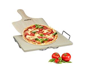 Relaxdays Pietra Refrattaria, Set con Pala per Pizza, in Legno, Ollare, 1,5cm Spessore, Rettangolare, Color naturale