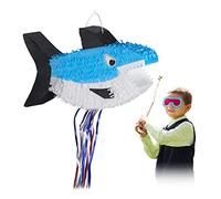 Relaxdays Pignatta a Forma di Squalo, da Appendere, per Bambini, per Bimbe e Bimbi Feste Compleanno, da Riempire, Blu
