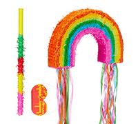 Relaxdays Pignatta Arcobaleno da Riempire, Set di Accessori, Asta, Maschera Feste Compleanno, Gioco da Colpire, Colorata
