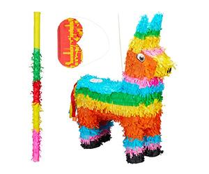 Relaxdays Pignatta Asinello da Riempire, Set di Accessori, Asta, Maschera Feste Compleanno, Asino da Colpire, Colorata