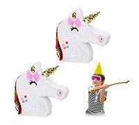 Relaxdays Pinata a forma di unicorno, set 2, da appendere, per bambini, riempire, compleanno giochi decorazione, bianco