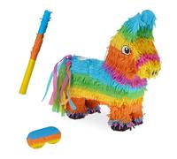 Relaxdays Pinata Esel con Bastone e Maschera, per Bambini, Compleanni, da riempire, 38x35x12 cm, Colorata