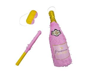Relaxdays Piñata Flacone di Spumante da Appendere, Compleanno, da Riempire, con Bastone e Maschera, Rosa-Oro, 51x13.5x13