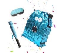 Relaxdays Pinata Mostro con asta e maschera per gli occhi, partypinata da riempire, compleanno per bambini, HBT 49,5 x 39 x 10 cm, blu