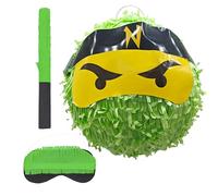 Relaxdays Piñata Ninja con Bastone, Maschera, riempibile, Ø 25 cm, Verde, Ideale per Feste Bambini