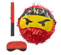 Relaxdays Piñata Ninja Rossa con Bastone e Maschera, 25 cm, Perfetta per Feste di Bambini e Compleanni