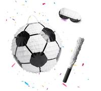 Relaxdays Pinata Pallone Calcio, Set con Asta e Maschera, per Feste/Compleanni, da riempire, Ø25 cm, Bianco-Nero