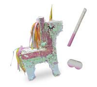 Relaxdays Piñata Unicorno con Bastone e Maschera, per Feste e Compleanni Bambini, da riempire, 54x14x40 cm, Colorata