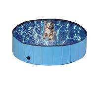 Relaxdays Piscina per Cani Taglia Media, 30x120 cm, Piscinetta Pieghevole con Scarico, Bagno in Giardino, PVC e MDF, Blu, Fibra di Legno