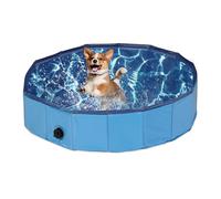 Relaxdays Piscina per Cani Taglia Piccola, 20x80 cm, Piscinetta Pieghevole con Scarico, Bagno in Giardino, PVC, MDF, Blu