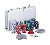 Relaxdays Poker Set, 300 Fiche, 2 Mazzi di carte, 5 Dadi, Dealer Button, Valigetta in Alluminio richiudibile, argento