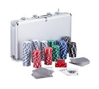 Relaxdays Poker Set, 300 Fiche, 2 Mazzi di carte, 5 Dadi, Dealer Button, Valigetta in Alluminio richiudibile, argento