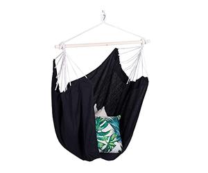 Relaxdays Poltrona Sospesa, Amaca a Dondolo in Cotone, Supporto in Legno, Esterno e Interno, Regge Fino a 150 kg, Nero