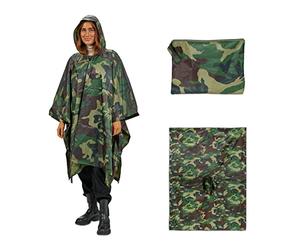 Relaxdays Poncho Antipioggia dal Design Militare, con Cappuccio, Mantellina Donne e Uomini, Impermeabile, Verde Marrone, Poliestere, 195 x 140 cm