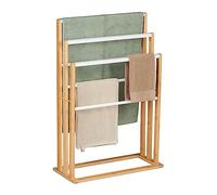 Relaxdays Porta Asciugamani da Terra in bambù, HLP 82 x 55 x 24 cm, Portasalviette 6 Bracci Autoportante, Marrone Bianco