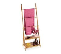 Relaxdays Porta Asciugamani da Terra in Bambù, Portasalviette 3 Bracci, 2 Ripiani, Autoportante, 134x53x31,5 cm, Marrone