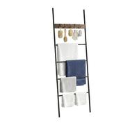 Relaxdays porta asciugamani scala, 4 gradini, 5 ganci, bagno e camera | 177x60 cm, MDF/metallo, nero/marrone