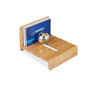 relaxdays, Legno Naturale Porta Bigliettini con Sfera, 1 Scomparto, da Ufficio, Espositore per Biglietti da Visita, Ferro, 7 x 10 x 12 cm