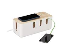 Relaxdays Kabelbox Weiß Porta Cavi Grande, Organizer da Scrivania, Prese & Scarpette, Legno & Plastica, Cable Box Nascondicavi, Bianca, 1 pz
