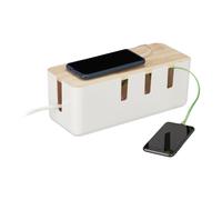 Relaxdays Kabelbox Weiß Porta Cavi Grande, Organizer da Scrivania, Prese & Scarpette, Legno & Plastica, Cable Box Nascondicavi, Bianca, 1 pz