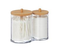 Relaxdays Porta Cotton Fioc, Bagno, Dispenser per Dischetti di Cotone, Plastica, Coperchi in bambù, Naturale Trasparente