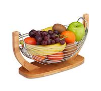 Relaxdays, naturale/argento Porta Frutta, in Bambù & Acciaio, Design a Griglia, Centro Tavola Decorativo, 18,5x38x23 cm, inox