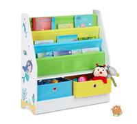 relaxdays Porta Giochi Bambini, con Motivi Marini, 2 Scatole, 3 Scomparti, Scaffale Libreria, HLP 74x71x23 cm, Colorato