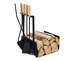 Relaxdays Porta Legna da Interno con 4 Accessori, Attizzatoio, Paletta, Spazzola & Pinza, Indoor, Design Moderno, Nero