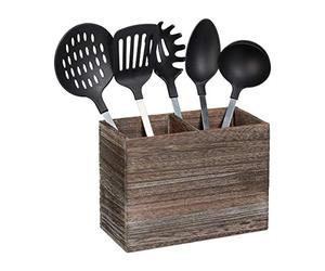 Relaxdays Porta Posate in Legno, 2 Scomparti per Accessori da Cucina & Posate, HLP 17x24x12cm,Scolaposate, Marrone Scuro