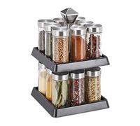 Relaxdays Porta spezie da Cucina Girevole con 16 Barattoli, Organizer Rotante Salvaspazio, Acciaio Inox, Argento Nero, 1 pz