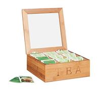 relaxdays, Legno Naturale Porta Tè in Bambù, 9 Scomparti, Organizer per Tisane, Quadrato, HLP: 8,5 x 22 x 22 cm ca