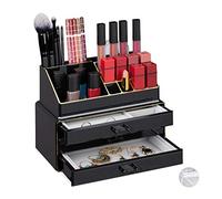relaxdays Porta Trucchi, Organizer per Make Up, 2 Parti, con Portagioielli, 3 Cassetti,Plastica,18,5x23,5x15 cm,Nero/Oro, 1 pz