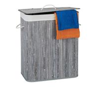 Relaxdays Cesto Portabiancheria Rettangolare con Coperchio, 95 L, Organizer con 2 scomparti, Pieghevole in Bambù, Grigio