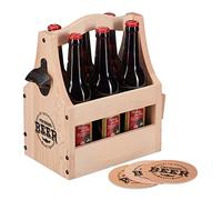 Relaxdays Portabottiglie in Legno per 6 Bottiglie di Birra, Apribottiglie e Sottobicchieri, Cesto con Manico, Naturale, 30 x 28,5 x 16 cm