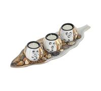 Relaxdays Portacandele, con Vassoio a Forma di Foglia, 3 Vasetti Rotondi, Centrotavola, con Candeline, Bianco Marrone, Fibra di Legno, 7 x 38 x 14 cm