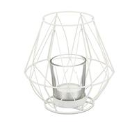 Relaxdays Portacandele dal Design Geometrico in Ferro, Vasetto in Vetro Porta Candele e Lumini, H x D 14 x 14 cm, Bianco