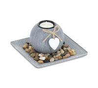 Relaxdays Portacandele Decorativo con Vassoio e Pietre, 15,5 x 15,5 cm, Decorazione per Tavolino e Soggiorno, Grigio, Fibra di Legno
